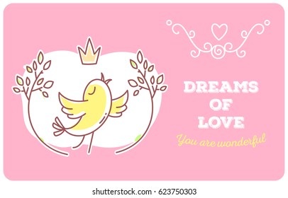 Vector template with illustration of yellow singing bird with branches and crown with inscription on pink background. Flat line art style bird for print, web, site, romantic banner, greeting card