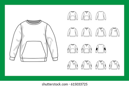 Vector template illustrations children sweatshirt with sleeves raglan cuffs pockets stripe on elbows. Front and back views