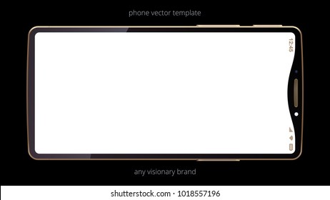 Vector template of the imaginary smartphone with a white empty display. Luxury modern device with a black frame and golden edge. Horizontal mock up for presentation of mobile apps and show some video.