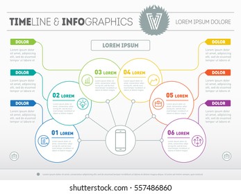 Vector Template of a info chart, diagram or presentation. Part of the report with icons set. Web infographic, chart of technology or education process. Business concept with six options