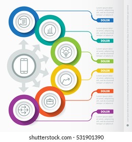 Vector Template of a infochart, diagram or presentation. Part of the report with icons set. Web infographic of technology or education process. Business concept with 6 options