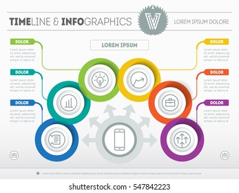 Vector Template of a infochart, diagram or presentation. Part of the report with icons set. Web infographic, chart of technology or education process. Business concept with 6 options.