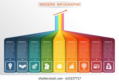  Vector template Infographic for 9 options. Vertical colour strips with prospect and a shade