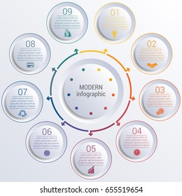 Vector template for infographic diagram with 9 options circles.