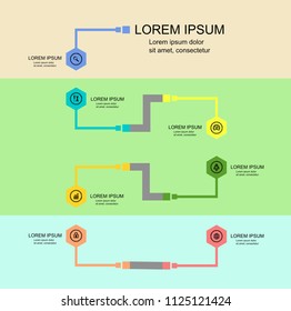 Vector template infographic Timeline of business operations with flags and placeholders on curved roads. Symbols, steps for successful business planning Suitable for advertising and presentations.