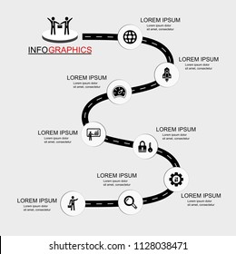 Vector template infographic Timeline of business operations with flags and placeholders on curved roads. Symbols, steps for successful business planning Suitable for advertising and presentations.