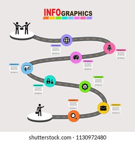 Vector template infographic Timeline of business operations with 
colorful  circles icons and placeholders on curved roads. Symbols, steps for successful business planning Suitable for advertising and