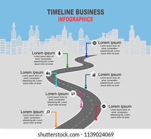 Vector template infographic Timeline of business operations with flags and placeholders on curved roads. Symbols, steps for successful business planning Suitable for advertising and presentations.