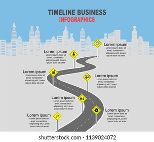 Vector template infographic Timeline of business operations with flags and placeholders on curved roads. Symbols, steps for successful business planning Suitable for advertising and presentations.