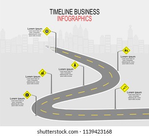 Vector template infographic Timeline of business operations with flags and placeholders on curved roads. Symbols, steps for successful business planning Suitable for advertising and presentations.