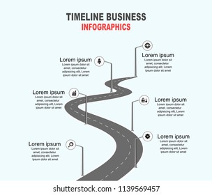 Vector template infographic Timeline of business operations with flags and placeholders on curved roads. Symbols, steps for successful business planning Suitable for advertising and presentations
