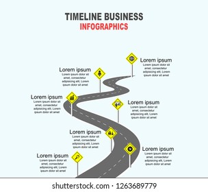 Vector template infographic Timeline of business operations with flags and placeholders on curved roads. Symbols, steps for successful business planning Suitable for advertising and presentations.
