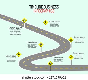 Vector template infographic Timeline of business operations with flags and placeholders on curved roads. Symbols, steps for successful business planning Suitable for advertising and presentations.