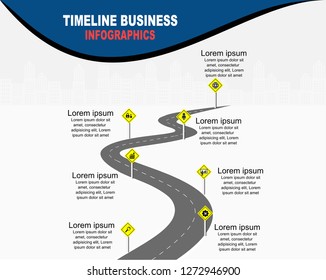 Vector template infographic Timeline of business operations with flags and placeholders on curved roads. Symbols, steps for successful business planning Suitable for advertising and presentations.