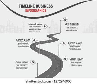 Vector template infographic Timeline of business operations with flags and placeholders on curved roads. Symbols, steps for successful business planning Suitable for advertising and presentations.