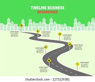 Vector template infographic Timeline of business operations with flags and placeholders on curved roads. Symbols, steps for successful business planning Suitable for advertising and presentations.