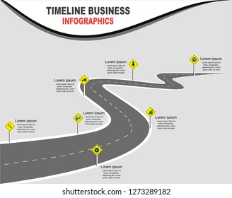 Vector template infographic Timeline of business operations with flags and placeholders on curved roads. Symbols, steps for successful business planning Suitable for advertising and presentations.