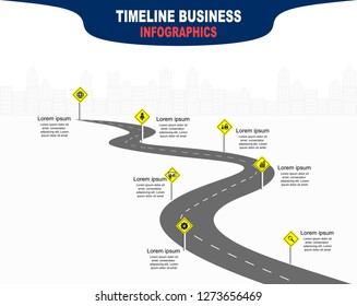 Vector template infographic Timeline of business operations with flags and placeholders on curved roads. Symbols, steps for successful business planning Suitable for advertising and presentations.