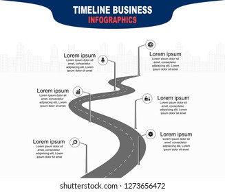 Vector template infographic Timeline of business operations with flags and placeholders on curved roads. Symbols, steps for successful business planning Suitable for advertising and presentations.