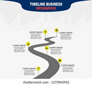 Vector template infographic Timeline of business operations with flags and placeholders on curved roads. Symbols, steps for successful business planning Suitable for advertising and presentations