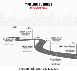 Vector template infographic Timeline of business operations with flags and placeholders on curved roads. Symbols, steps for successful business planning Suitable for advertising and presentations.
