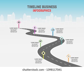 Vector template infographic Timeline of business operations with flags and placeholders on curved roads. Symbols, steps for successful business planning Suitable for advertising and presentations.