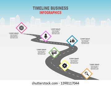 Vector template infographic Timeline of business operations with flags and placeholders on curved roads. Symbols, steps for successful business planning Suitable for advertising and presentations.