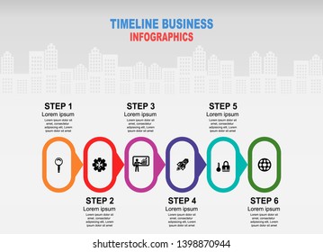 Vector template infographic Timeline of business operations with flags and placeholders on curved roads. Symbols, steps for successful business planning Suitable for advertising and presentations.
