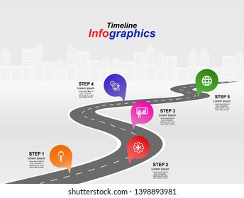 Vector template infographic Timeline of business operations with flags and placeholders on curved roads. Symbols, steps for successful business planning Suitable for advertising and presentations.