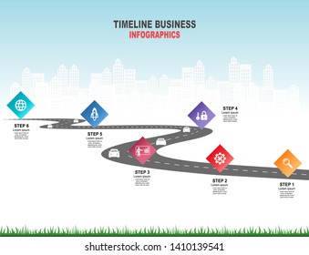Vector template infographic Timeline of business operations with flags and placeholders on curved roads. Symbols, steps for successful business planning Suitable for advertising and presentations.
