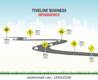 Vector template infographic Timeline of business operations with flags and placeholders on curved roads. Symbols, steps for successful business planning Suitable for advertising and presentations.