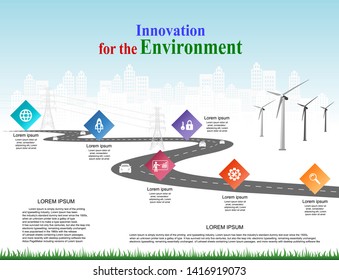 Vector template infographic Timeline of business operations with flags and placeholders on curved roads. Symbols, steps for successful business planning Suitable for advertising and presentations.