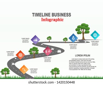 Vector template infographic Timeline of business operations with flags and placeholders on curved roads. Symbols, steps for successful business planning Suitable for advertising and presentations.