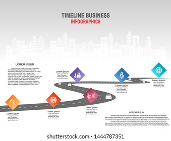 Vector template infographic Timeline of business operations with flags and placeholders on curved roads. Symbols, steps for successful business planning Suitable for advertising and presentations.