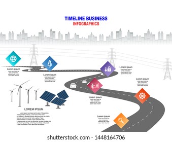 Vector template infographic Timeline of business operations with flags and placeholders on curved roads. Symbols, steps for successful business planning Suitable for advertising and presentations