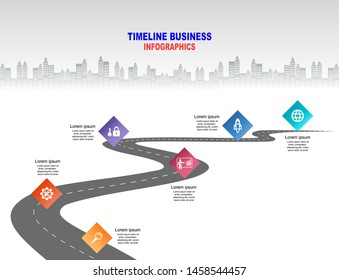 Vector template infographic Timeline of business operations with flags and placeholders on curved roads. Symbols, steps for successful business planning Suitable for advertising and presentations.