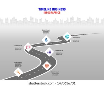 Vector template infographic Timeline of business operations with flags and placeholders on curved roads. Symbols, steps for successful business planning Suitable for advertising and presentations