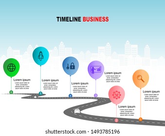 Vector template infographic Timeline of business operations with flags and placeholders on curved roads. Symbols, steps for successful business planning Suitable for advertising and presentations