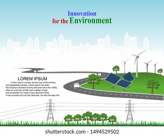 Vector template infographic Timeline of business operations with flags and placeholders on curved roads. Innovation, for environment and society city that can live together. Symbols, steps for success