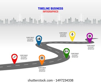 Vector Template Infographic Timeline Of Business Operations With Flags And Placeholders On Curved Roads. Symbols, Steps For Successful Business Planning Suitable For Advertising And Presentations.