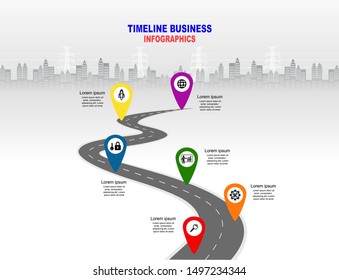 Vector template infographic Timeline of business operations with flags and placeholders on curved roads. Symbols, steps for successful business planning Suitable for advertising and presentations.