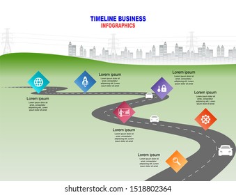 Vector template infographic Timeline of business operations with flags and placeholders on curved roads. Symbols, steps for successful business planning Suitable for advertising and presentations