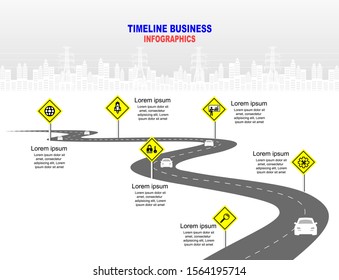 Vector template infographic Timeline of business operations with flags and placeholders on curved roads. Symbols, steps for successful business planning Suitable for advertising and presentations.