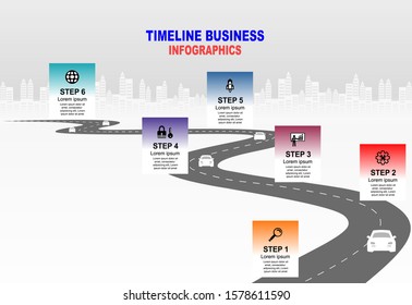 Vector template infographic Timeline of business operations with flags and placeholders on curved roads. Symbols, steps for successful business planning Suitable for advertising and presentations.