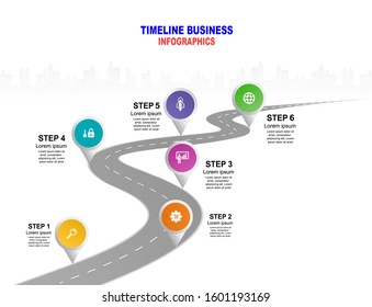 Vector template infographic Timeline of business operations with flags and placeholders on curved roads. Symbols, steps for successful business planning Suitable for advertising and presentations.