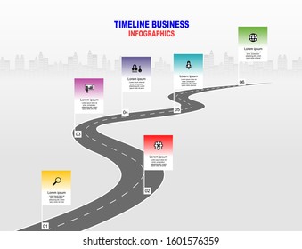 Vector template infographic Timeline of business operations with flags and placeholders on curved roads. Symbols, steps for successful business planning Suitable for advertising and presentations.