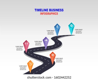 Vector template infographic Timeline of business operations with flags and placeholders on curved roads. Symbols, steps for successful business planning Suitable for advertising and presentations.