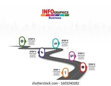 Vector template infographic Timeline of business operations with flags and placeholders on curved roads. Symbols, steps for successful business planning Suitable for advertising and presentations.