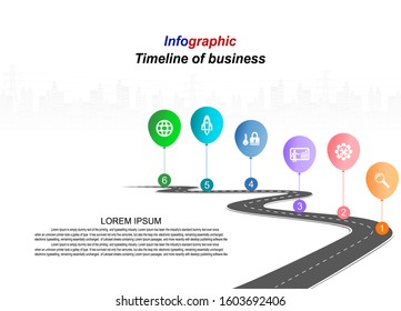 Vector template infographic Timeline of business operations with flags and placeholders on curved roads. Symbols, steps for successful business planning Suitable for advertising and presentations.