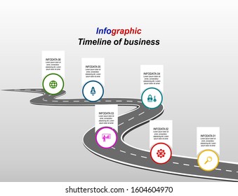 Vector template infographic Timeline of business operations with flags and placeholders on curved roads. Symbols, steps for successful business planning Suitable for advertising and presentations.
